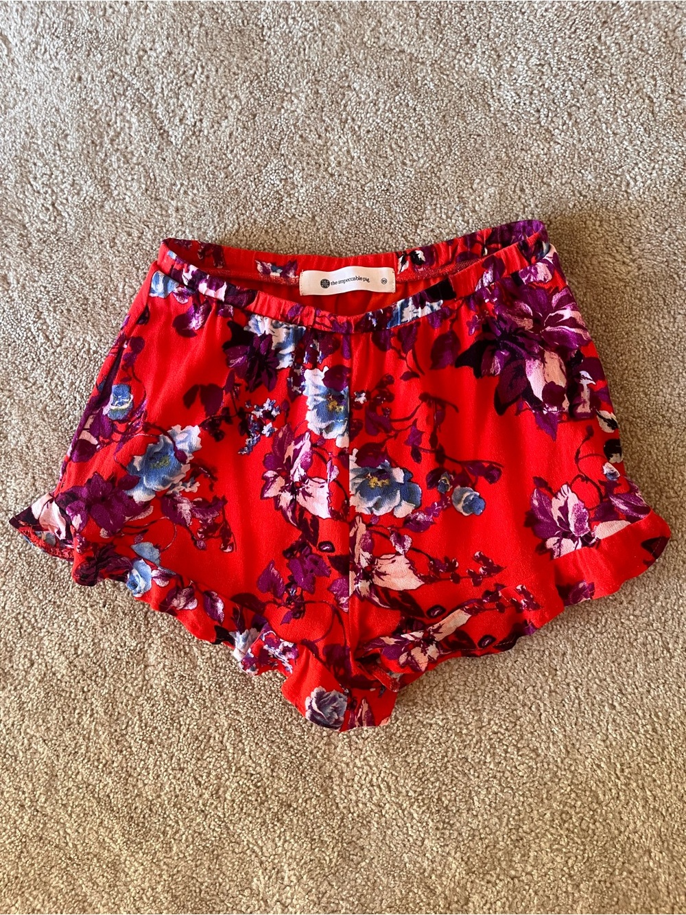 The Impeccable Pig Red Floral Ruffle Shorts with Purple and Blue Accents